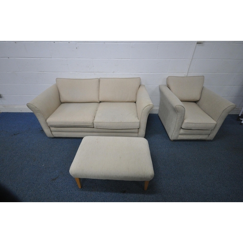 1316 - A BEIGE UPHOLSTERED THREE PIECE LOUNGE SUITE, comprising a two seater sofa, length 173cm x depth 88c... 