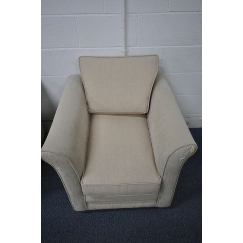 1316 - A BEIGE UPHOLSTERED THREE PIECE LOUNGE SUITE, comprising a two seater sofa, length 173cm x depth 88c... 