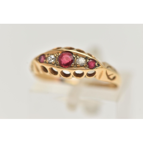 11 - AN EDWARDIAN 18CT YELLOW GOLD DIAMOND RUBY AND PASTE FIVE-STONE RING, set with two old cut diamonds,... 