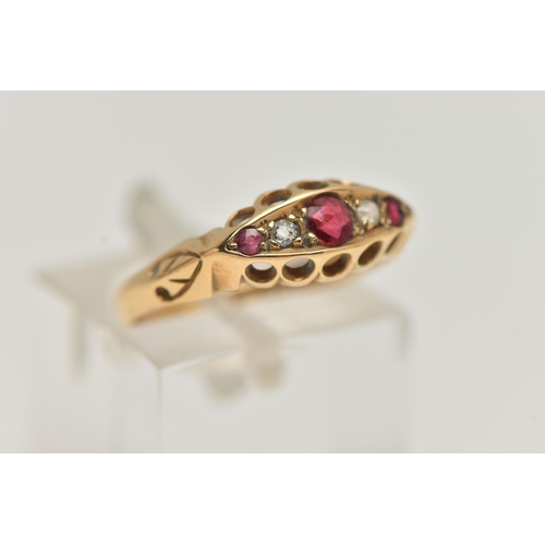 11 - AN EDWARDIAN 18CT YELLOW GOLD DIAMOND RUBY AND PASTE FIVE-STONE RING, set with two old cut diamonds,... 