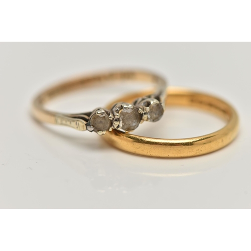 13 - TWO RINGS, to include a synthetic white sapphire three stone ring, stamped HS 9ct syn.w.sapph HI994,... 