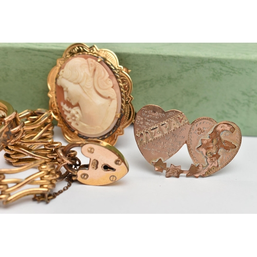 17 - A SELECTION OF YELLOW METAL JEWELLERY, to include a Victorian rolled gold brooch, a gold fronted Miz... 