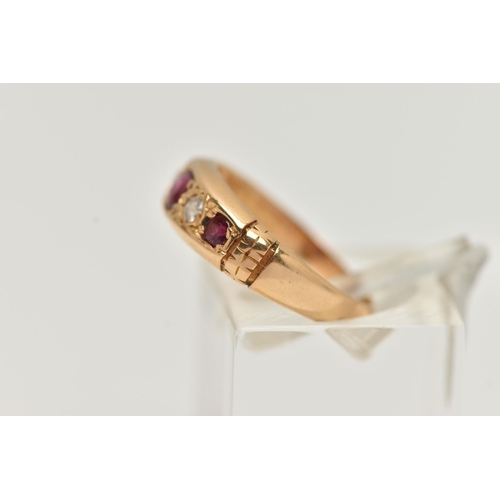 25 - AN EARLY 20TH CENTURY, 18CT GOLD RUBY AND DIAMOND FIVE STONE RING, set with three circular cut rubie... 