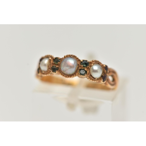 26 - A VICTORIAN 15CT GOLD PEARL RING, designed with a row of three split pearls, each interspaced with s... 