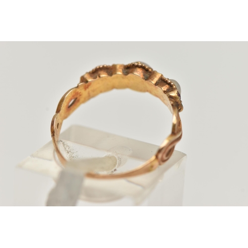 26 - A VICTORIAN 15CT GOLD PEARL RING, designed with a row of three split pearls, each interspaced with s... 