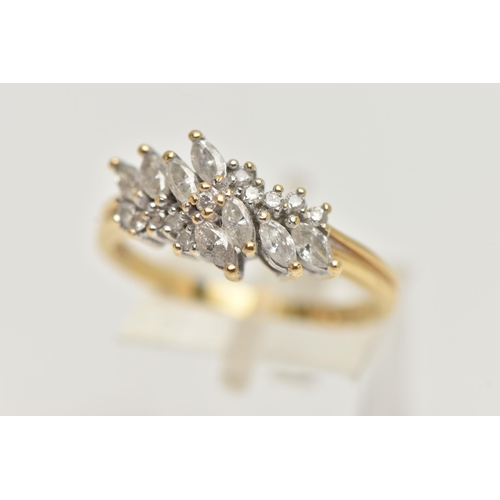 27 - AN 18CT GOLD DIAMOND CLUSTER RING, cluster set with marquise cut and round brilliant cut diamonds, e... 