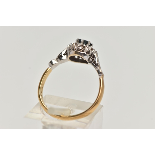 3 - AN 18CT GOLD SAPPHIRE AND DIAMOND CLUSTER RING, designed as a central circular sapphire within a sin... 