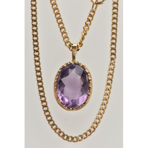 31 - A 9CT GOLD AMETHYST PENDANT NECKLACE, oval cut amethyst in a claw mount, fitted with a tapered bail,... 