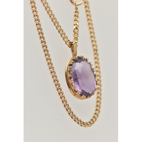 31 - A 9CT GOLD AMETHYST PENDANT NECKLACE, oval cut amethyst in a claw mount, fitted with a tapered bail,... 