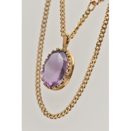 31 - A 9CT GOLD AMETHYST PENDANT NECKLACE, oval cut amethyst in a claw mount, fitted with a tapered bail,... 