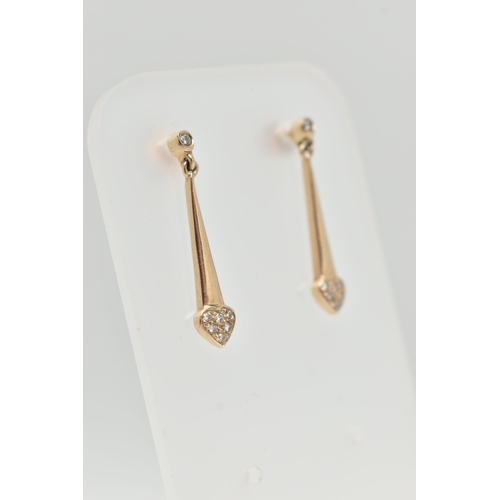 37 - A PAIR OF 9CT GOLD DIAMOND DROP EARRINGS, each of a tapered drop design with round brilliant cut dia... 