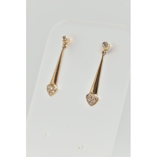37 - A PAIR OF 9CT GOLD DIAMOND DROP EARRINGS, each of a tapered drop design with round brilliant cut dia... 