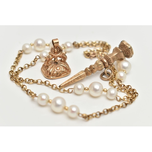 39 - A 9CT GOLD CULTURED PEARL NECKLACE, FOB PENDANT AND FOB, belcher chain necklace fitted with five sec... 