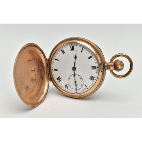49 - A GOLD PLATED FULL HUNTER POCKET WATCH, manual wind, round white dial, Roman numerals, subsidiary se... 