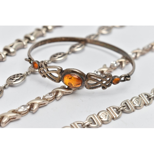 56 - FIVE BRACELETS, to include a white metal hinged bangle set with amber cabochons, stamped 925, a silv... 