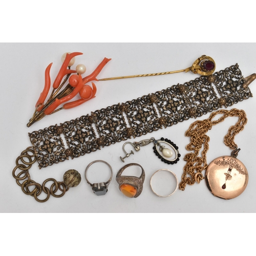 57 - ASSORTED JEWELLERY, to include a base metal stick pin in the form of a belt and buckle set with a re... 