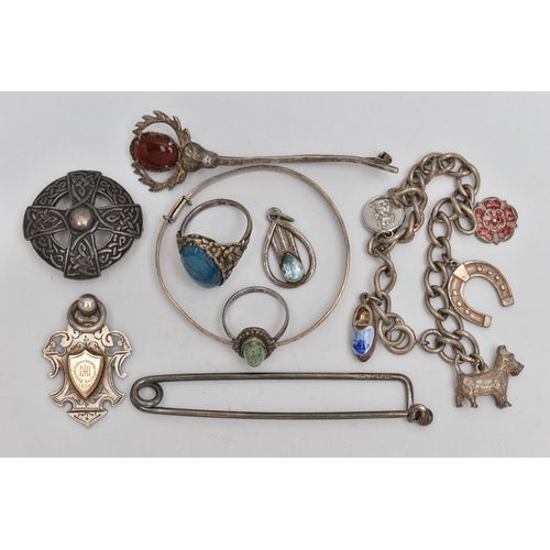 58 - A SELECTION OF SILVER AND WHITE METAL JEWELLERY, to include a silver childs bangle, a silver John Ha... 