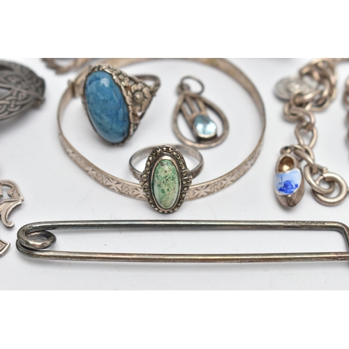58 - A SELECTION OF SILVER AND WHITE METAL JEWELLERY, to include a silver childs bangle, a silver John Ha... 