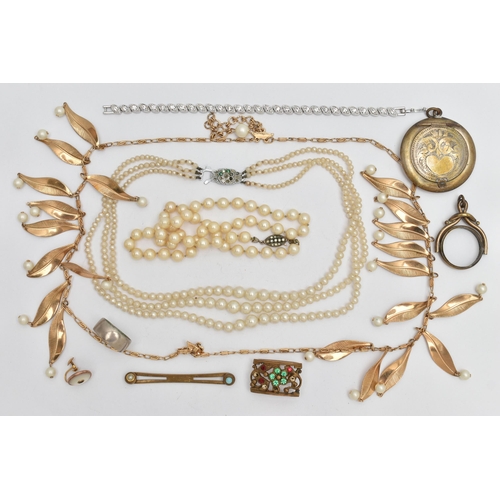 61 - A SELECTION OF COSTUME JEWELLERY, to include imitation pearl necklaces, a powder case, a ring, etc