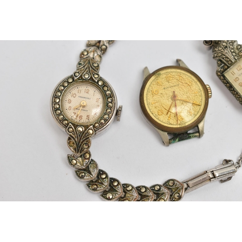 66 - TWO LADYS COCKTAIL WRISTWATCHES AND A WATCH HEAD, the first a 'Ingersoll' white metal and marcasite ... 
