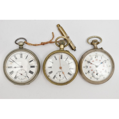 67 - THREE OPEN FACE POCKET WATCHES, three white metal open face pocket watches, two with Roman numerals ... 