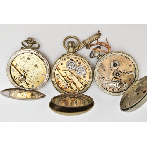 67 - THREE OPEN FACE POCKET WATCHES, three white metal open face pocket watches, two with Roman numerals ... 