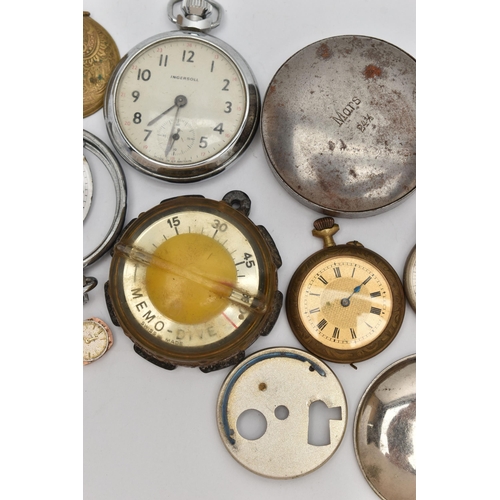 68 - A BAG OF POCKET WATCHES, MOVEMENTS AND PARTS, to include two Ingersoll pocket watches, a gold plated... 