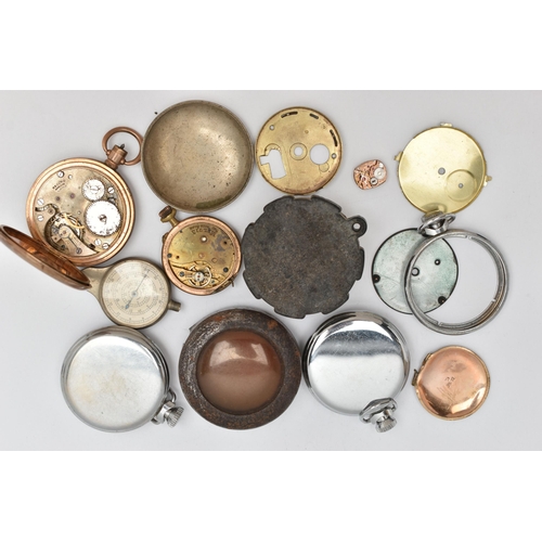 68 - A BAG OF POCKET WATCHES, MOVEMENTS AND PARTS, to include two Ingersoll pocket watches, a gold plated... 