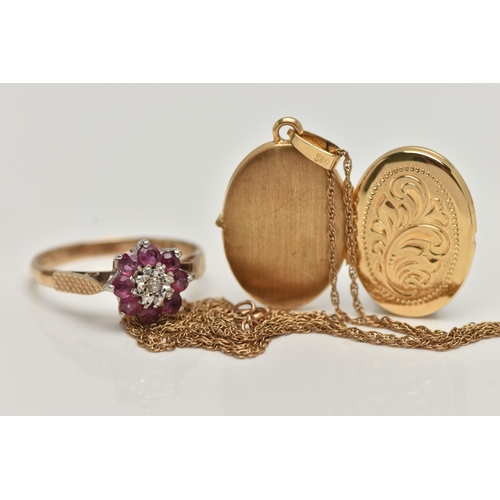 7 - A 9CT GOLD RING AND LOCKET, the first a diamond and ruby cluster ring, ring size Q, the second an ov... 
