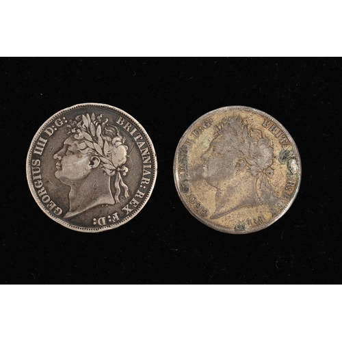 70 - TWO GEORGE III CROWN COINS, worn and scratched coins, dates 1821 and 1822, approximate gross weight ... 