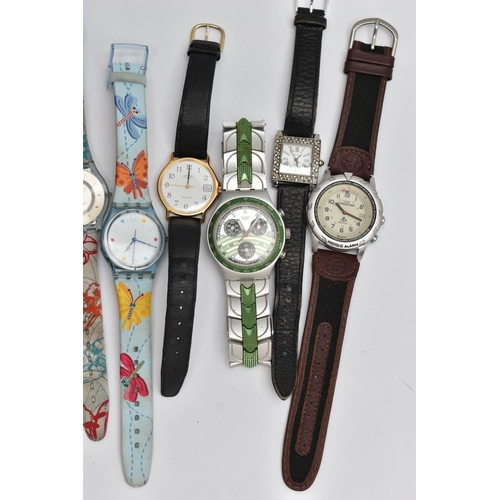 74 - A BAG OF ASSORTED WRISTWATCHES, to include two ladys 'Swatch' wristwatches, fitted with fabric strap... 