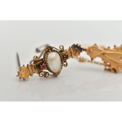 80 - TWO 9CT GOLD BROOCHES, the first Etruscan brooch set with a central split baroque pearl, claw set an... 