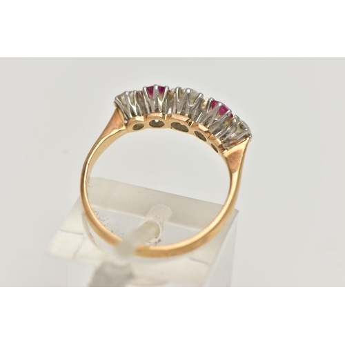 81 - A YELLOW METAL FIVE STONE RING, set with three old cut diamonds, estimated total diamond weight 0.20... 