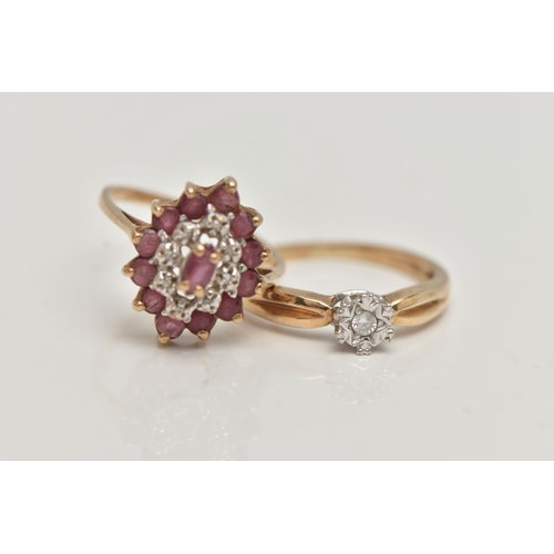 83 - TWO 9CT GOLD GEM SET RINGS, the first a single stone illusion set diamond ring, set with a small rou... 