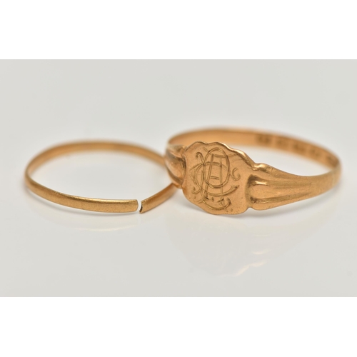 100 - A LATE VICTORIAN 22CT GOLD SIGNET RING AND A BAND RING, shield shape signet with engraved monogram, ... 