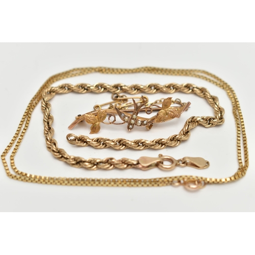 102 - A 9CT GOLD SWEETHEART BROOCH, CHAIN AND A BRACELET, the sweetheart brooch designed with a swallow bi... 