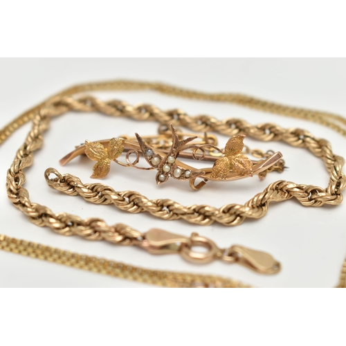 102 - A 9CT GOLD SWEETHEART BROOCH, CHAIN AND A BRACELET, the sweetheart brooch designed with a swallow bi... 