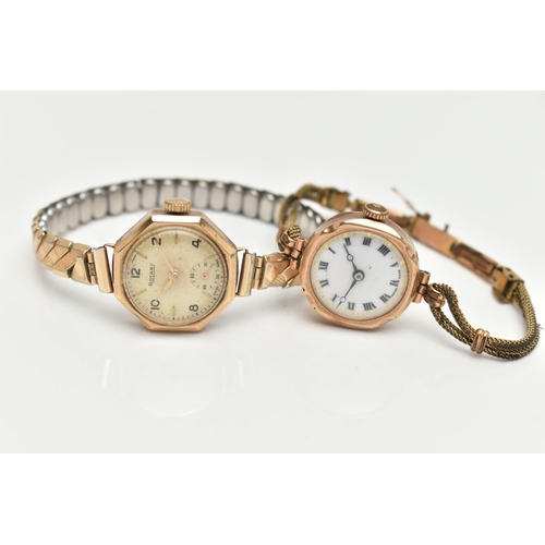 103 - TWO 9CT GOLD LADYS WRISTWATCHES, the first a manual wind 'Rotary', round discoloured dial, alternati... 