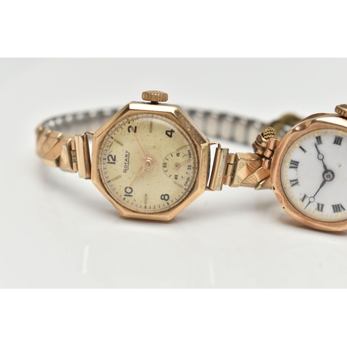 103 - TWO 9CT GOLD LADYS WRISTWATCHES, the first a manual wind 'Rotary', round discoloured dial, alternati... 