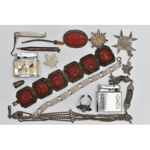 105 - ASSORTED ITEMS, to include a white metal Albertina, a white metal filigree flower brooch stamped 800... 