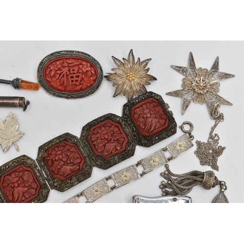105 - ASSORTED ITEMS, to include a white metal Albertina, a white metal filigree flower brooch stamped 800... 