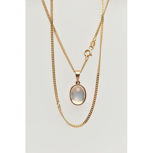 107 - A MOONSTONE NECKLACE, a single oval cabochon moonstone collet set in a yellow metal closed back sett... 