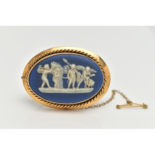 108 - A 'WEDGWOOD' CAMEO BROOCH, blue wedgwood cameo, set in yellow metal with a rope detail surround, fit... 