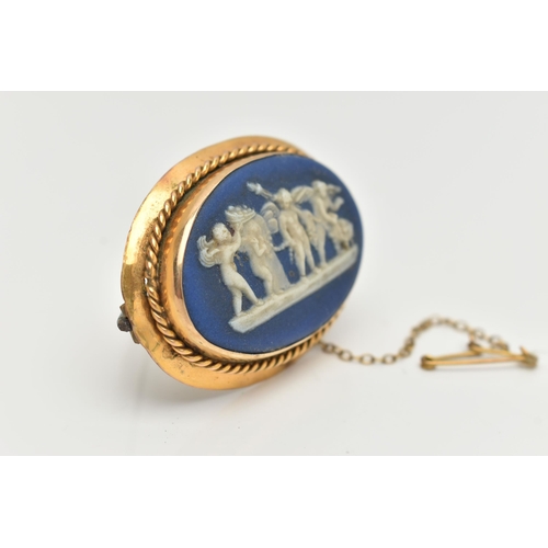 108 - A 'WEDGWOOD' CAMEO BROOCH, blue wedgwood cameo, set in yellow metal with a rope detail surround, fit... 