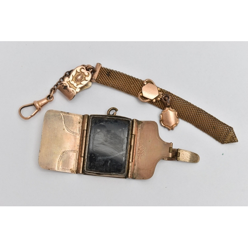 110 - AN EARLY 20TH CENTURY MESH POCKET WATCH FOB CHAIN, a gilt metal mesh ribbon fitted with a gold front... 