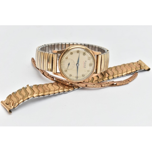 113 - A 9CT GOLD WRISTWATCH, an AF hand wound movement, round dial signed 'Rone', Arabic numerals, subsidi... 