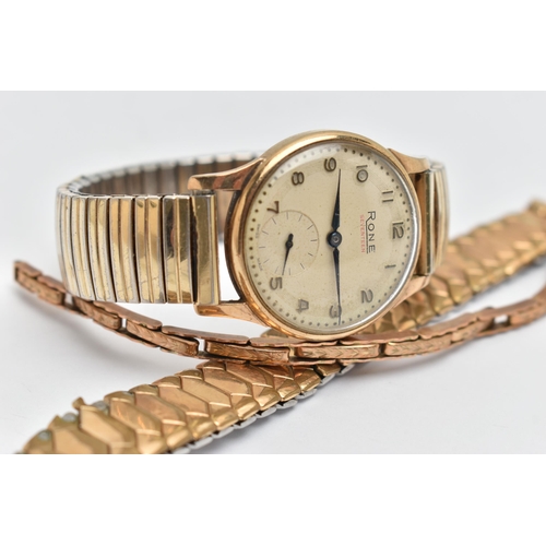 113 - A 9CT GOLD WRISTWATCH, an AF hand wound movement, round dial signed 'Rone', Arabic numerals, subsidi... 