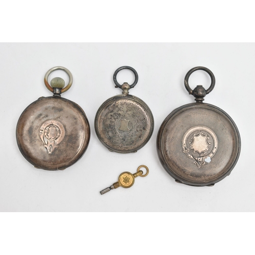 114 - THREE OPEN FACE POCKET WATCHES, the first an AF silver pocket watch, hallmarked London import, the s... 