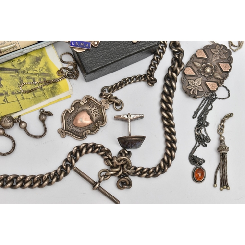 115 - AN ASSORTMENT OF SILVER AND WHITE METAL JEWELLERY, to include a silver graduated curb link Albert ch... 