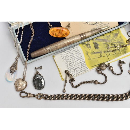 115 - AN ASSORTMENT OF SILVER AND WHITE METAL JEWELLERY, to include a silver graduated curb link Albert ch... 